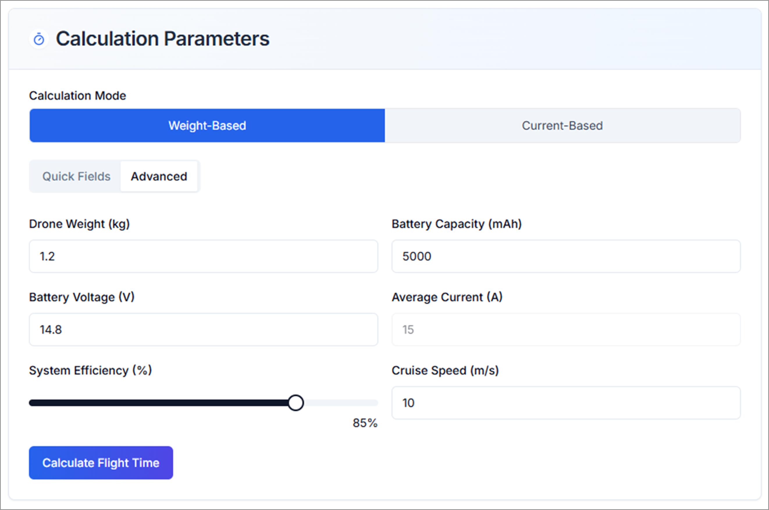 Figure 3. Flight Time: Calculation Parameters, Weight-Based