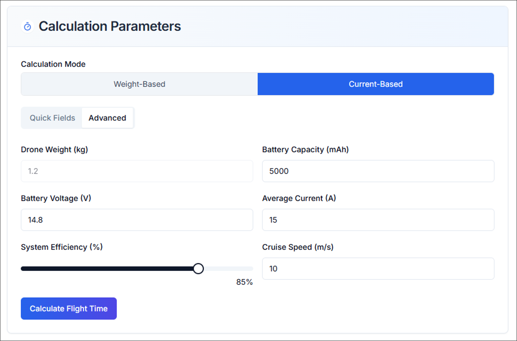 Figure 4. Flight Time: Calculation Parameters, Current-Based
